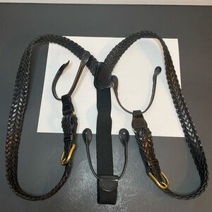 Braided Black Leather Suspenders Black Elastic Geometric With Gold Brass Buckles